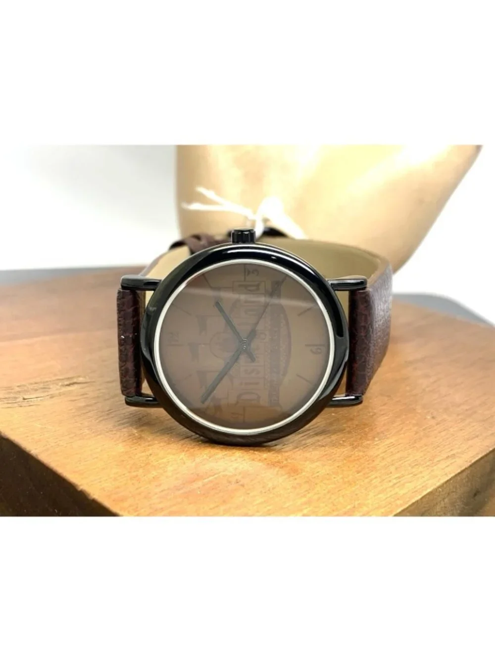 Disney Time Works Disneyland Unisex Watch Black Quartz Brown Leather Strap 34mm
